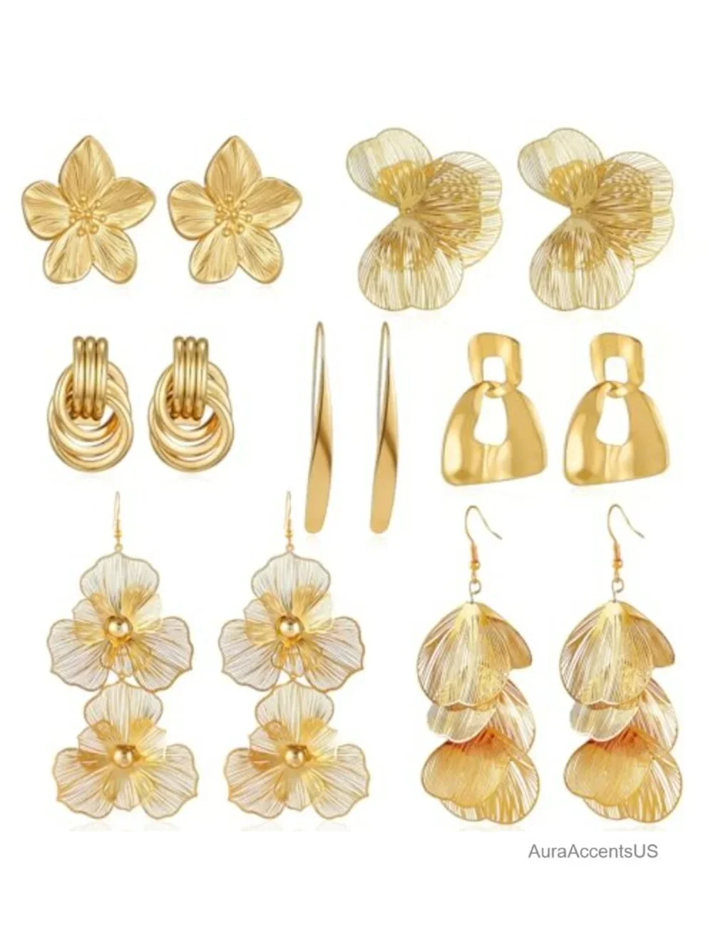 Gold Plated Flower Dangle Earrings for Women, 7 Pairs Chunky Statement Jewelry